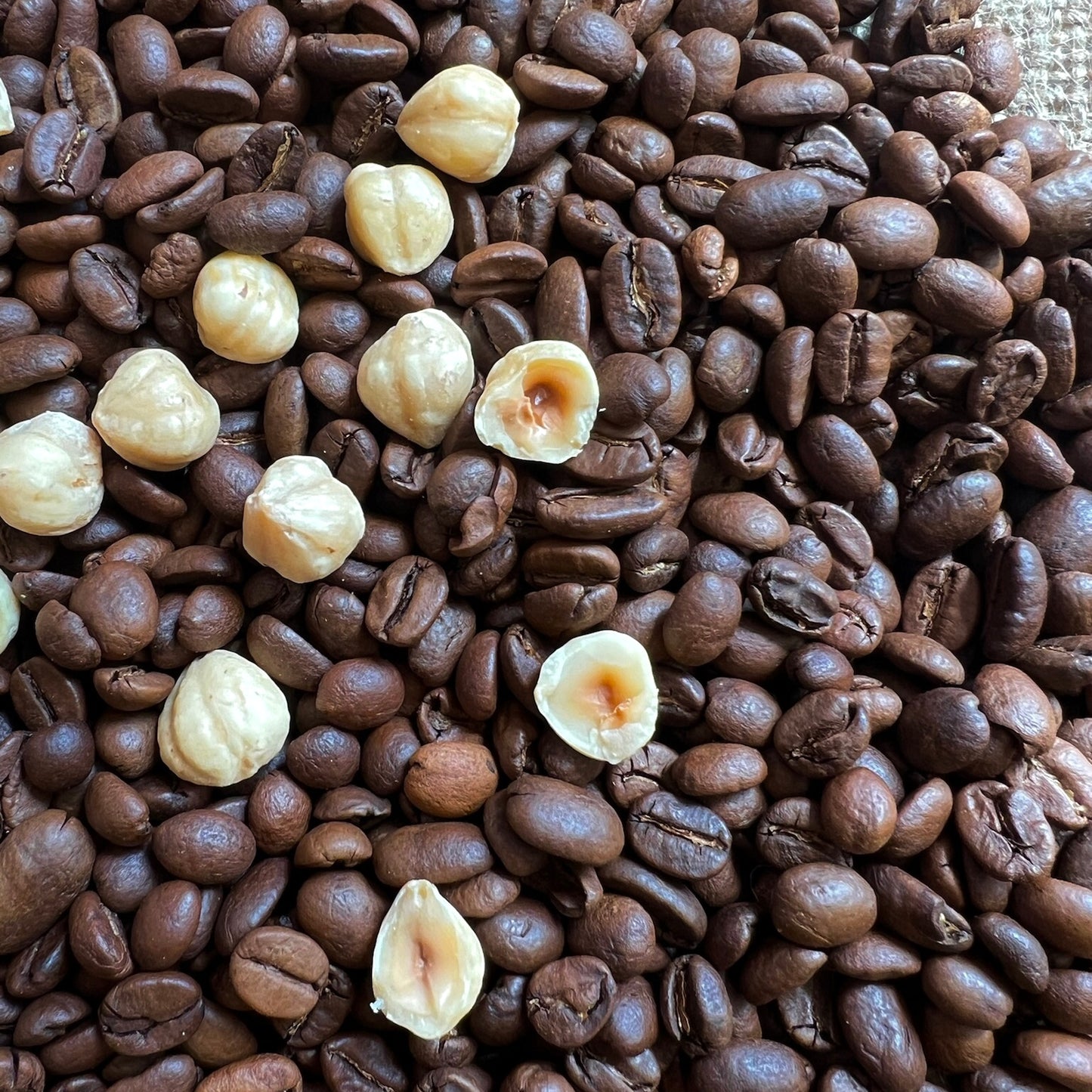 Smaksatt kaffe med smak av hasselnöt. Hela kaffebönor och bitar av hasselnötter närbild.